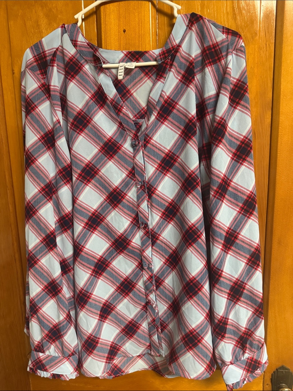 Elle Light Blue and Red Plaid Casual Women’s  Button-Down Shirt